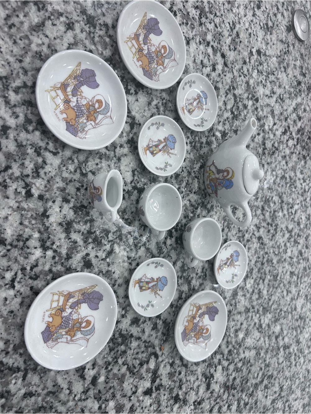 Holly Hobbie vintage White Miniature Tea Set with Purple and Gold Accent